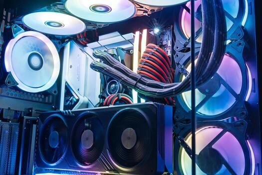 un alto rendimiento computadora sistema con rgb Encendiendo y líquido enfriamiento. ideal para juego de azar y edición, eso combina pico actuación con maravilloso visuales para tecnología entusiastas foto