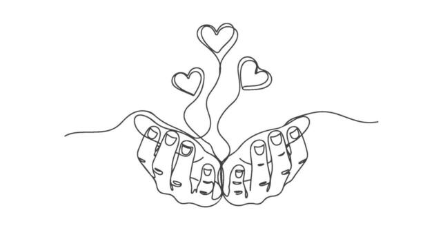 Expressive continuous one-line drawing of hands holding upward-floating hearts, symbolizing love, care, and connection through elegant minimalist design vector