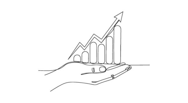 A continuous one line drawing of a hand holding a rising bar graph with an upward arrow, representing business growth and financial success vector