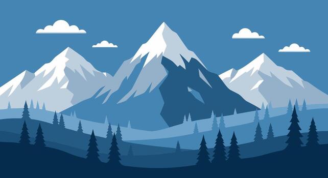 A Blue Mountain Range Landscape with Evergreen Trees and Minimalist Clouds Graphic Design vector