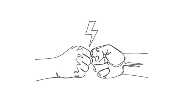 Continuous line drawing of two hands giving a fist bump, symbolizing connection, agreement, and solidarity, rendered in a minimalist one-line art style vector