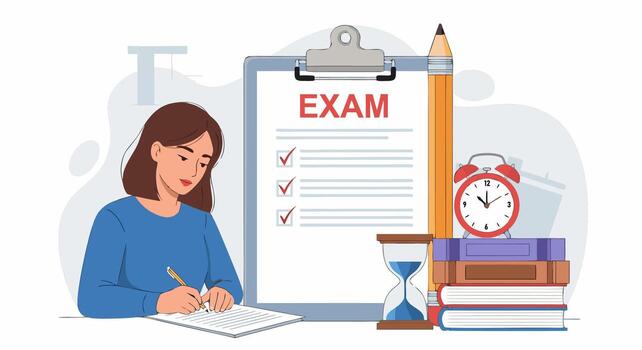 Focused student writing answers for an exam, surrounded by study tools, books, clock, and checklist. Modern illustration depicting diligent academic preparation vector