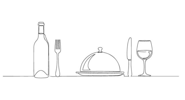 Elegant one line continuous drawing of a wine bottle, fork, cloche, knife, and wine glass showcasing single stroke simplicity vector