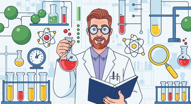 Smiling bearded scientist conducts chemical experiments in a lab, holding a flask and a book, surrounded by scientific equipment, representing research and discovery vector