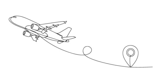 Single continuous line drawing of an airplane in flight with a dashed line leading to a destination pin, symbolizing travel and journey vector