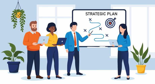 Diverse professional team collaborating on a strategic business plan, brainstorming innovative ideas and setting clear goals for future success and growth vector