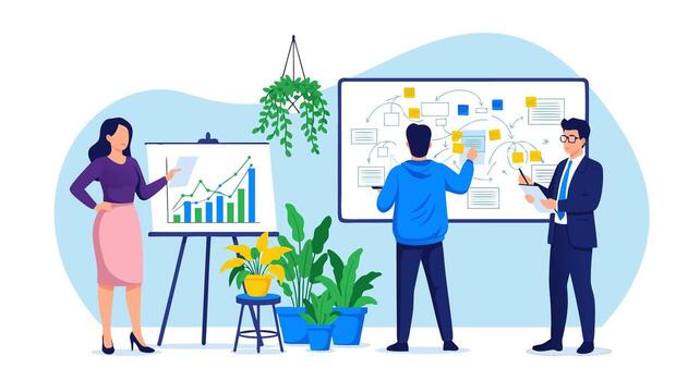 negocio equipo colaborando en un estratégico plan, analizando datos cartas y lluvia de ideas ideas en un pizarron en un moderno oficina vector