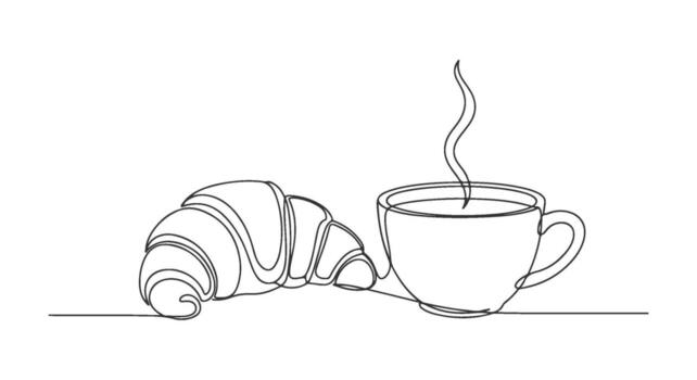 A single continuous line drawing of a croissant and a cup of coffee with steam rising, representing a simple breakfast vector
