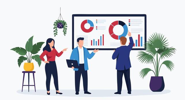 Business Presentation Team Analyzing Charts and Graphs in a Modern Office vector