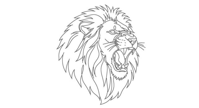 A powerful single line art illustration of a roaring lion head, created with one continuous contour drawing for a bold graphic statement vector