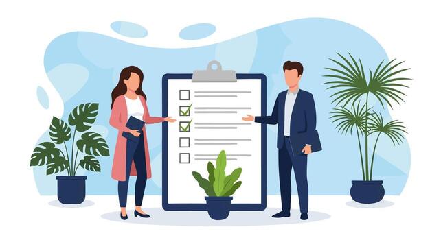 Man and woman analyzing a completed task list on a giant clipboard in a modern office. Business concept for successful planning and teamwork vector