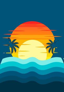 Sunset over the ocean with palm trees silhouette, summer vibes, beach scenery, scenic view in vector