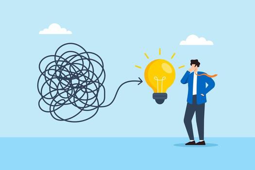 plano ilustración de empresario pensando creativamente a resolver Complicado sucio problema con brillante bombilla simbolizando idea oportunidad y innovación solución vector