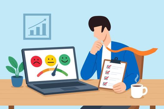 Person analyzing feedback on a laptop vector