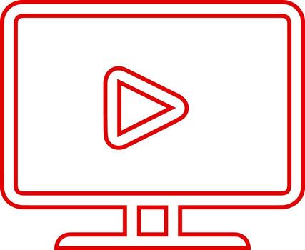 Red outline play button icon on a computer monitor screen vector