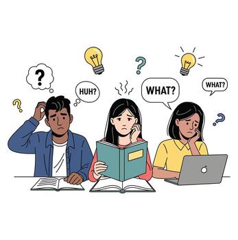 Confused students studying together with books and laptop in classroom with question marks around them vector