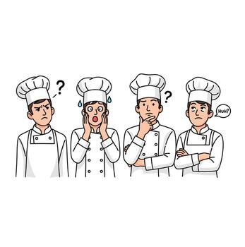 Confused chefs in white uniforms with question marks and speech bubble illustration image vector