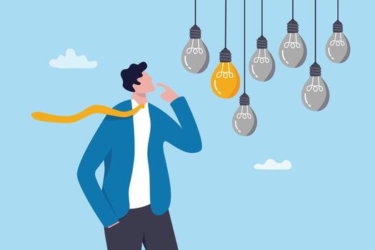 Challenge to pick or choose right opportunity, discover winner idea or invention thinking, select success solution choice concept, smart businessman thinking choosing winner lightbulb idea. vector