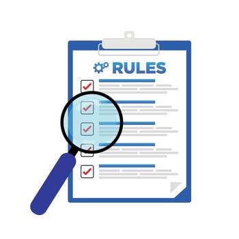 Company policy and compliance concept, magnifying glass examining checklist on document with rules and regulations vector