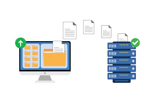archivo transferir concepto, apoyo datos, archivo transferir desde ordenador personal a nube servidor. documento salvar en almacenamiento, tecnología nube vector