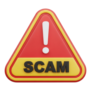 A 3d illustration of a red and yellow triangular warning sign with the word scam and an exclamation mark isolated on transparent background png