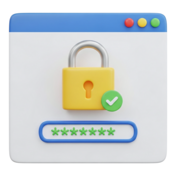 A 3d illustration of a computer login screen with a yellow padlock and password field isolated on transparent background png
