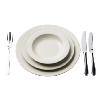 Table setting with white plates, a bowl, fork, and knives isolated on transparent background png