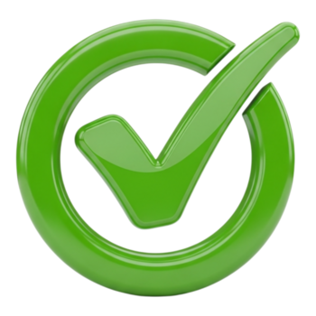 A shiny green check mark inside a circular border, indicating approval, completion, or correctness isolated on transparent background png