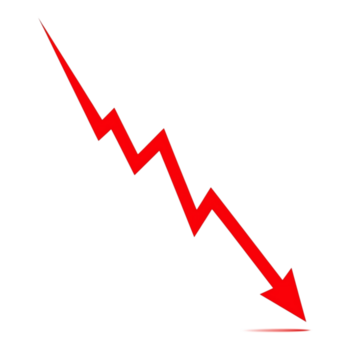 A sharp, jagged red arrow pointing downwards, symbolizing a decline or downward trend isolated on transparent background png