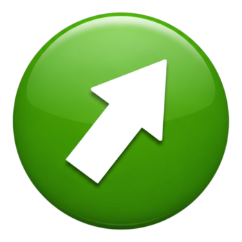 Glossy green circle with a white arrow pointing diagonally upwards, representing progress or upload, isolated on transparent background png