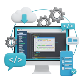 3d ilustração do uma computador tela exibindo código com nuvem Informática e engrenagens, representando Programas desenvolvimento e isto Serviços isolado em transparente fundo png