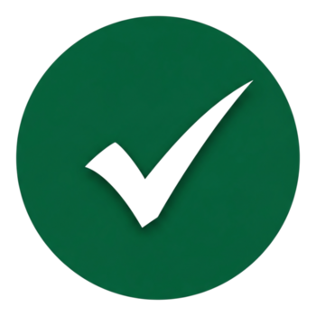 uma branco marca de verificação símbolo em uma sólido verde círculo fundo, representando confirmação ou correção isolado em transparente fundo png