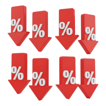 Red arrows with percent signs pointing down, symbolizing a decrease in prices or value, isolated on transparent background png