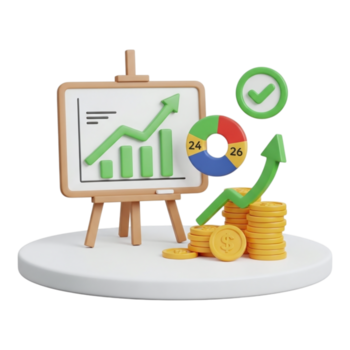 3d rendering of a financial chart with rising arrow, coins, and a pie chart, isolated on transparent background png