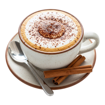 ein Nahansicht von ein köstlich Cappuccino mit Zimt Pulver bestreut auf Spitze, serviert im ein Becher mit ein Löffel und Zimt Stöcke isoliert auf transparent Hintergrund png