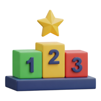 un' 3d rendere di un' vincitori podio con blocchi numerato 1, 2, e 3, sormontato con un' d'oro stella isolato su trasparente sfondo png