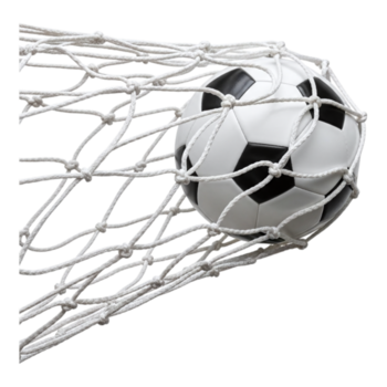 A soccer ball caught in a net, symbolizing a goal scored in a game, isolated on transparent background png
