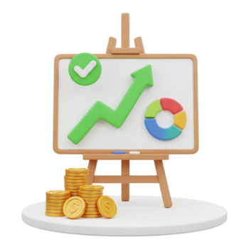 3d illustration of a whiteboard with a green upward trending graph, a pie chart, a checkmark, and a stack of gold coins isolated on transparent background png