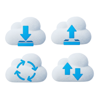 vier wolk pictogrammen vertegenwoordigen gegevens uploaden, downloaden, en synchronisatie geïsoleerd Aan transparant achtergrond png
