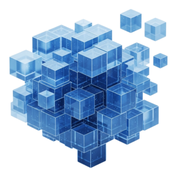 Abstract 3d rendering of a cluster of translucent blue cubes forming a complex geometric structure, isolated on transparent background png