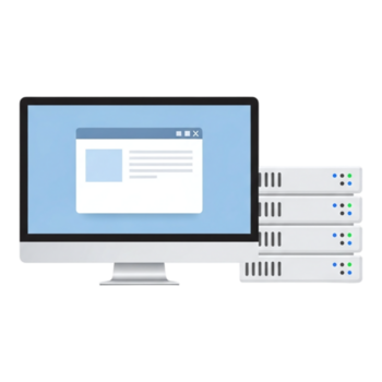 Computer monitor displaying a web page connected to servers isolated on transparent background png