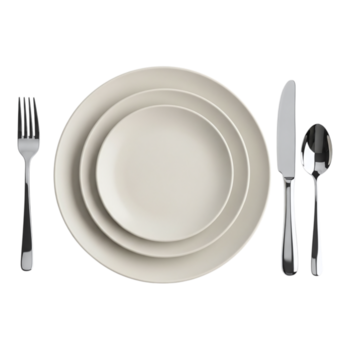 A formal place setting with a stack of three round ceramic plates, a fork, a knife, and a spoon, presented on a plain background isolated on transparent background png