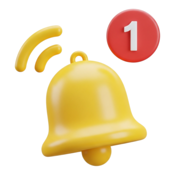 3d render of a yellow notification bell with a red circle and number 1, isolated on transparent background png