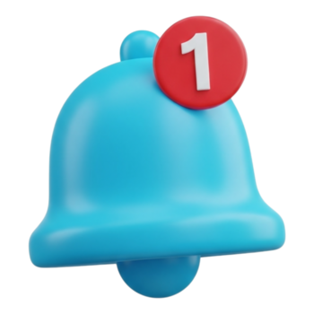 un' 3d rendere di un' blu notifica campana icona con un' rosso cerchio visualizzazione il numero 1 isolato su trasparente sfondo png