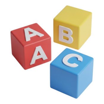 Three colorful alphabet building blocks, red with a, yellow with b, and blue with c, isolated on transparent background png