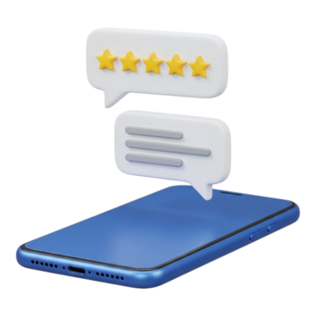 Smartphone displaying a 5star rating and chat bubbles, representing customer feedback and online reviews isolated on transparent background png