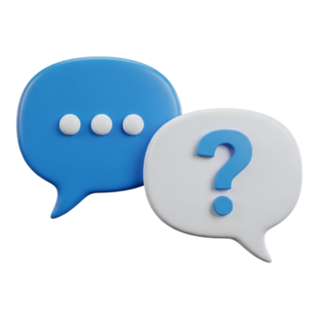 Two 3d speech bubbles, one with ellipses and one with a question mark, isolated on transparent background png