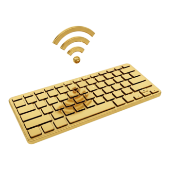 A golden keyboard with a golden wifi symbol above it, symbolizing wireless connectivity and digital communication, isolated on transparent background png