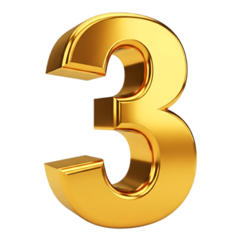 un brillante dorado número 3, aislado en transparente fondo, representando cantidad o un tercero posición png