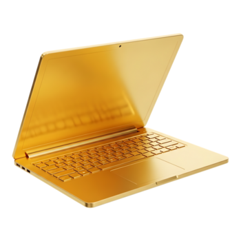 en lyxig gyllene bärbar dator dator, öppen och visning dess tangentbord, isolerat på transparent bakgrund png